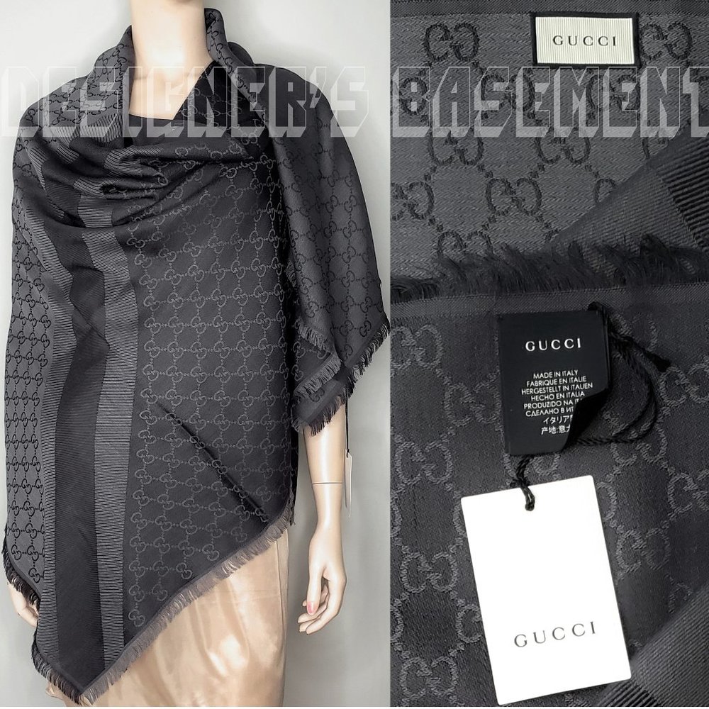 GUCCI charcoal & gray GGWEB giant 55"-square wool/silk pashmina shawl scarf NWT - Picture 2 of 6